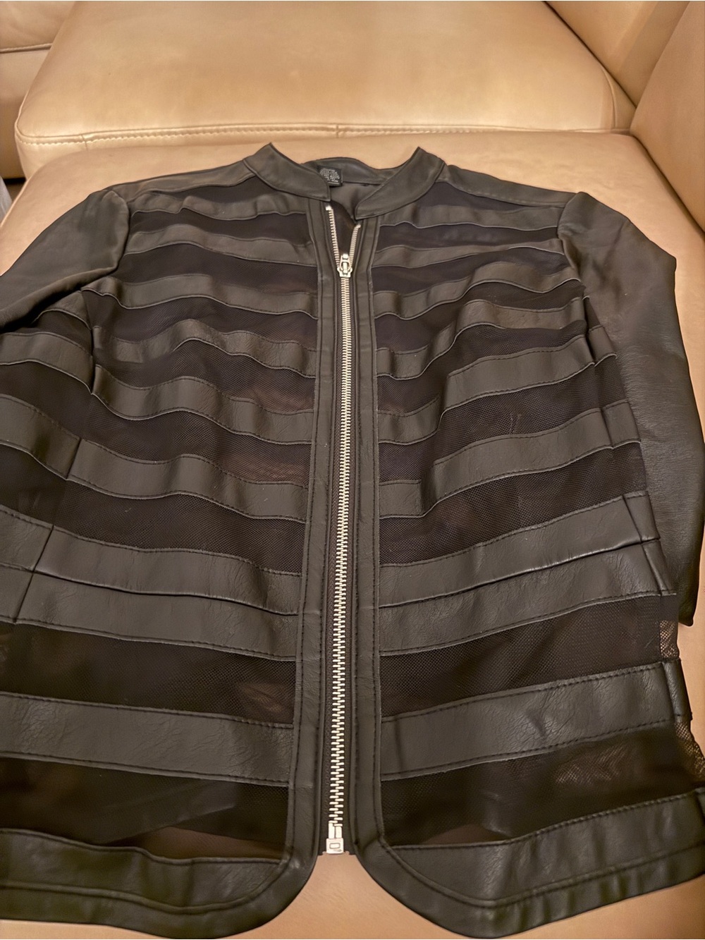 INC International Concepts Black Striped Mesh & Leather Bomber Jacket